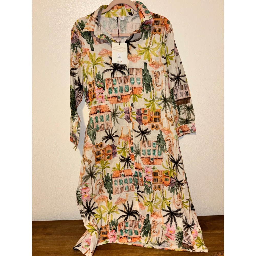 Spigue Di Lino Italian Linen‑Blend Dress Made in Italy Tropical Print XL NWT - Picture 2 of 9